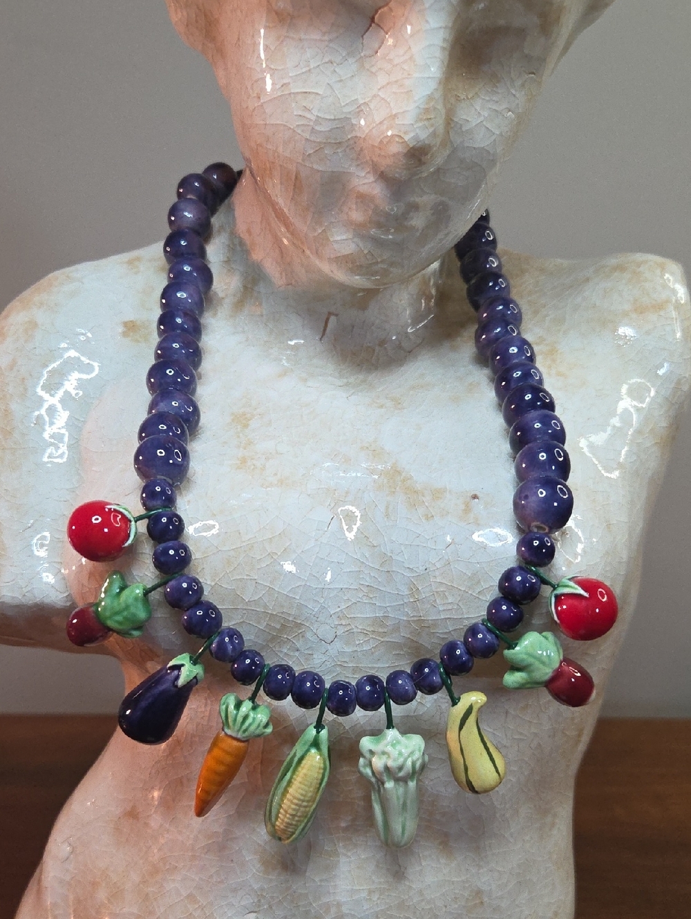 Vintage Flying Colors Signed Ceramic Vegetable Necklace 18"